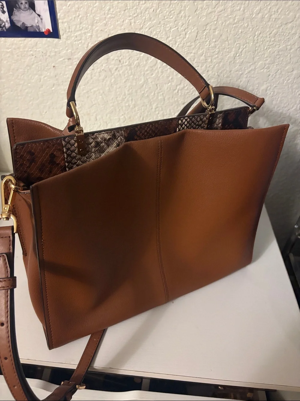 Michael Kors Tan Brown Leather Satchel with Snake-Print Trim